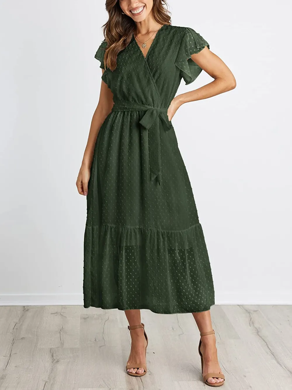 Women Summer Bohemian Floral Casual Wrap V Neck Ruffle Cap Sleeveless Belt A-Line Pleated Hem Swing Midi Sun Dress