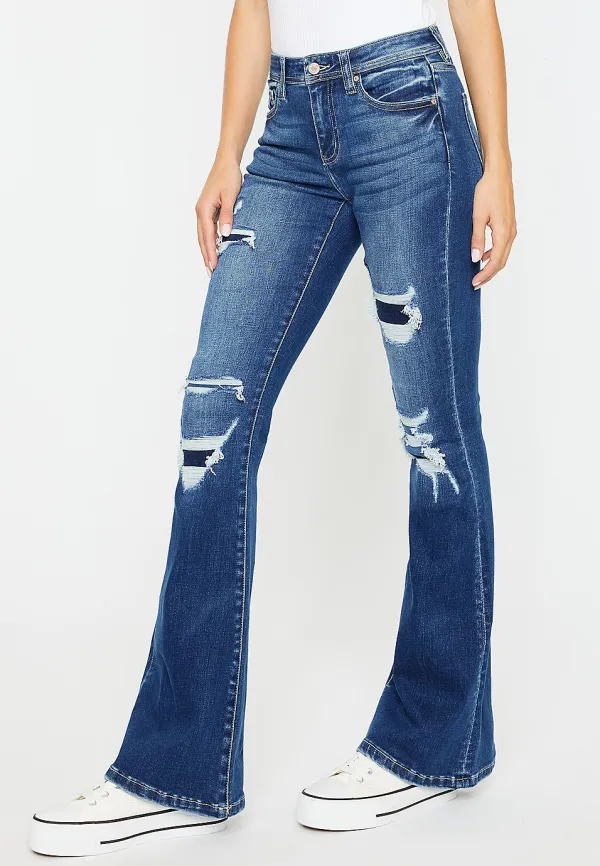 Casual Style Mid Rise Ripped Flare Jean