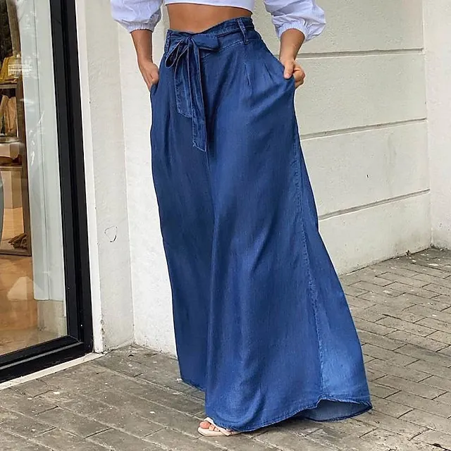 Women's Culottes Wide Leg Chinos Full Length Denim Side Pockets Wide Leg Micro-elastic Mid Waist Fashion Party Casual Black Blue S M Summer Spring & Fall