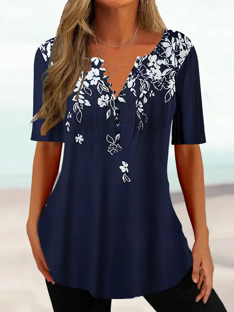 Women Half Sleeve V-neck Floral Printed Tops