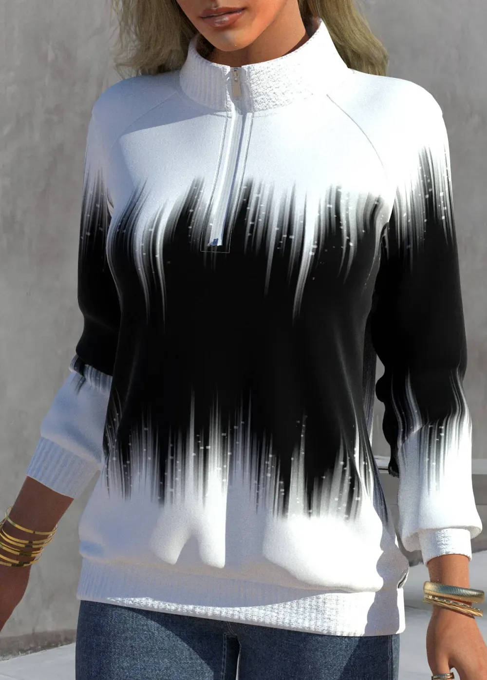 Black Zipper Ombre Long Sleeve High Neck Sweatshirt