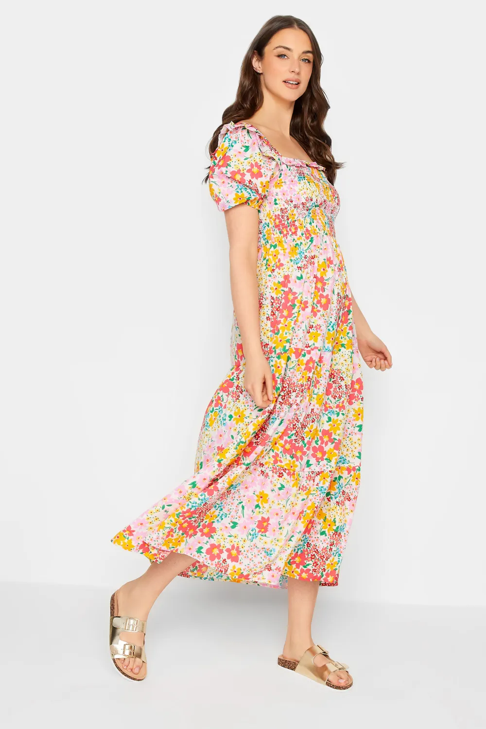 LTS Tall Yellow Ditsy Floral Shirred Midaxi Dress