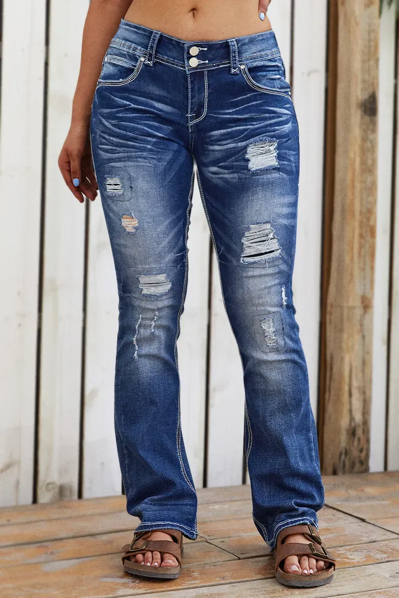 Ripped Contrast Stitch Mid Rise Bootcut Jeans