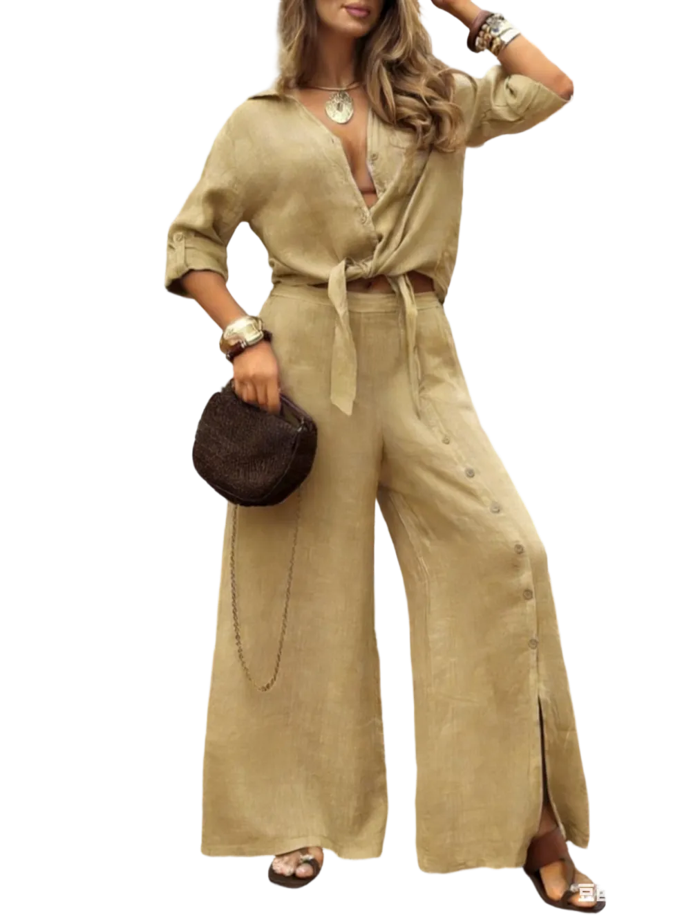 🔥 Women's Loose-Fit Long Sleeve Shirt & Wide Leg Pants Set