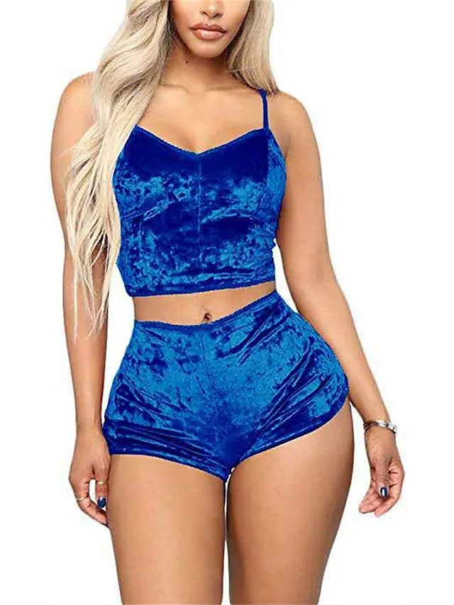 Women's Loungewear Sets Pure Color Fashion Casual Comfort Xmas Home Christmas Street Spandex Breathable Straps Sleeveless Strap Top Shorts Summer Spring Lake blue Wine Red