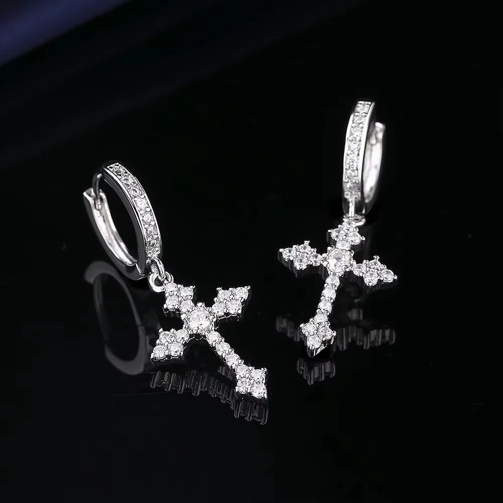 Inlaid Zircon Cross Dangle Hoop Earrings