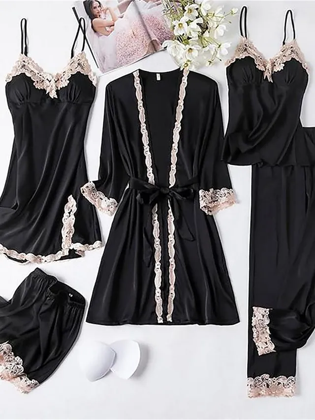 Women's Pajamas Robes Gown Nightgown Pajama Top and Pant 5 Pieces Pure Color Fashion Casual Soft Home Daily Bed Polyester Breathable Straps Long Sleeve Summer Fall Black Pink