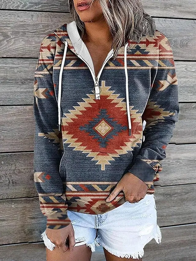 Women's Hoodie Sweatshirt Pullover Vintage Sports Basic Zipper Drawstring Front Pocket Light Yellow Creamy-white smoke grey Geometric Tribal Aztecs Street Casual Hoodie Long Sleeve Top Micro-elastic