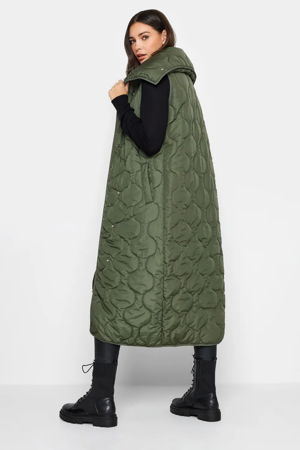 LTS Tall Olive Green Funnel Neck Quilted Longline Gilet