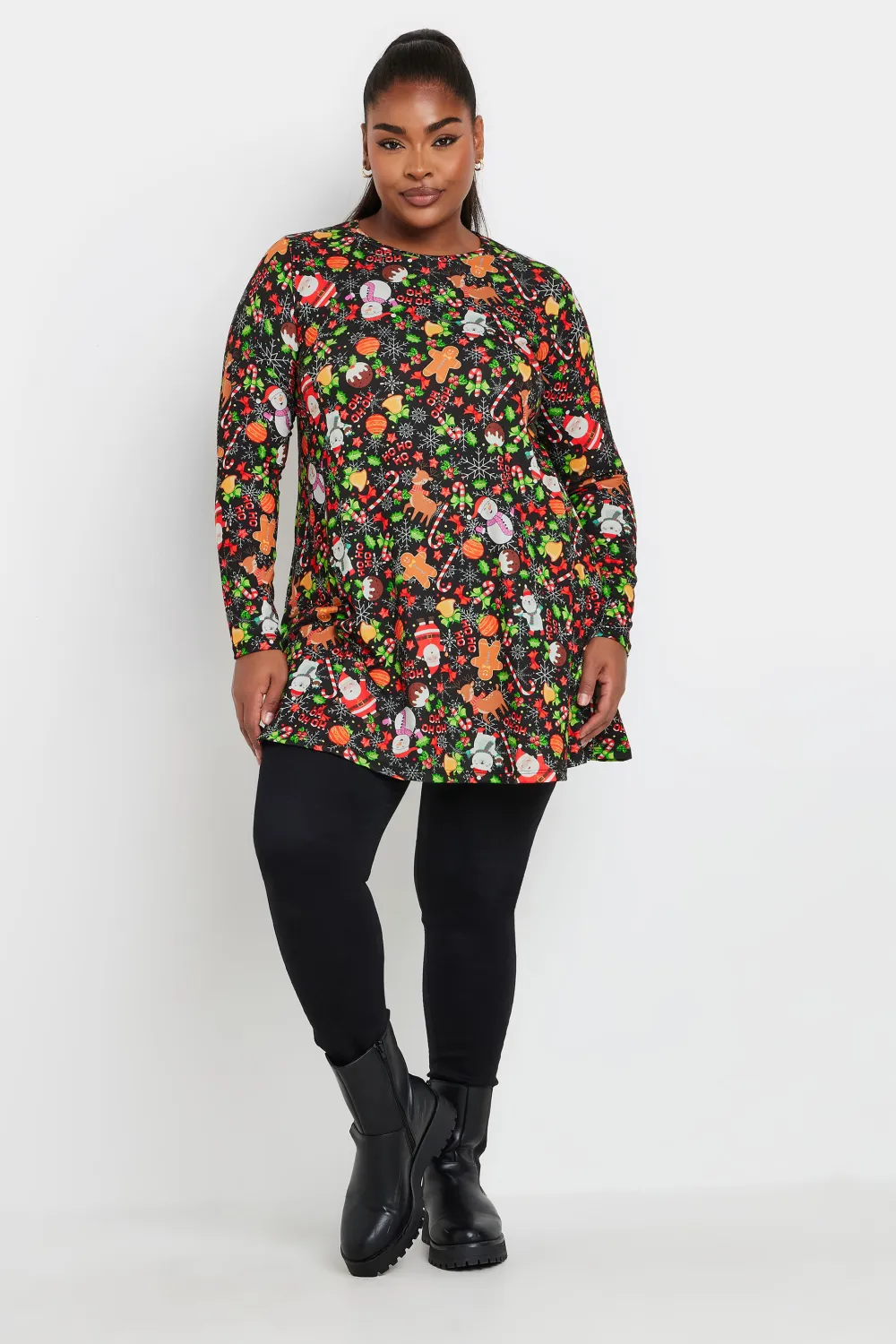 YOURS Curve Black Christmas Print Tunic Top