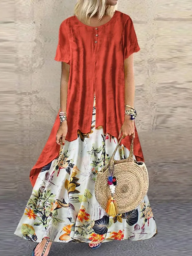 Women's Casual Dress Linen Dress Swing Dress Long Dress Maxi Dress Green Short Sleeve Floral Patchwork Summer Spring Crew Neck Fashion 2023 5XL