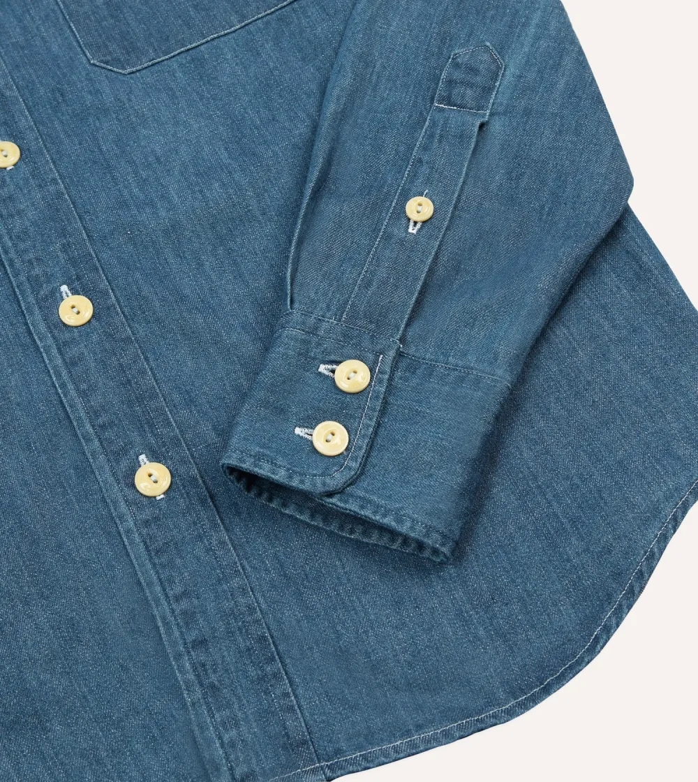 Stone Wash Denim Two-Pocket Western Shirt Casual Style