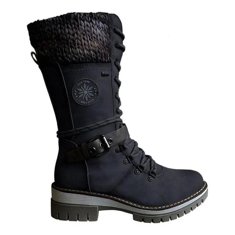 Retro Style Chunky Low Heel Lace Up Knitted Mid-Calf Boots