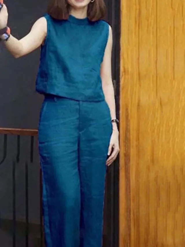 Women's Loungewear Sets Pure Color Fashion Casual Comfort Street Daily Date Cotton And Linen Breathable Stand Collar Sleeveless Tank Top Pant Summer Spring Blue Fuchsia