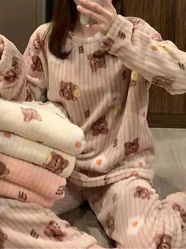 Women's Fleece Coral Pajamas Sets Cartoon Fruit Fashion Plush Casual Home Daily Bed Coral Breathable Crew Neck Long Sleeve Pant Summer Fall Lotus Pink Black