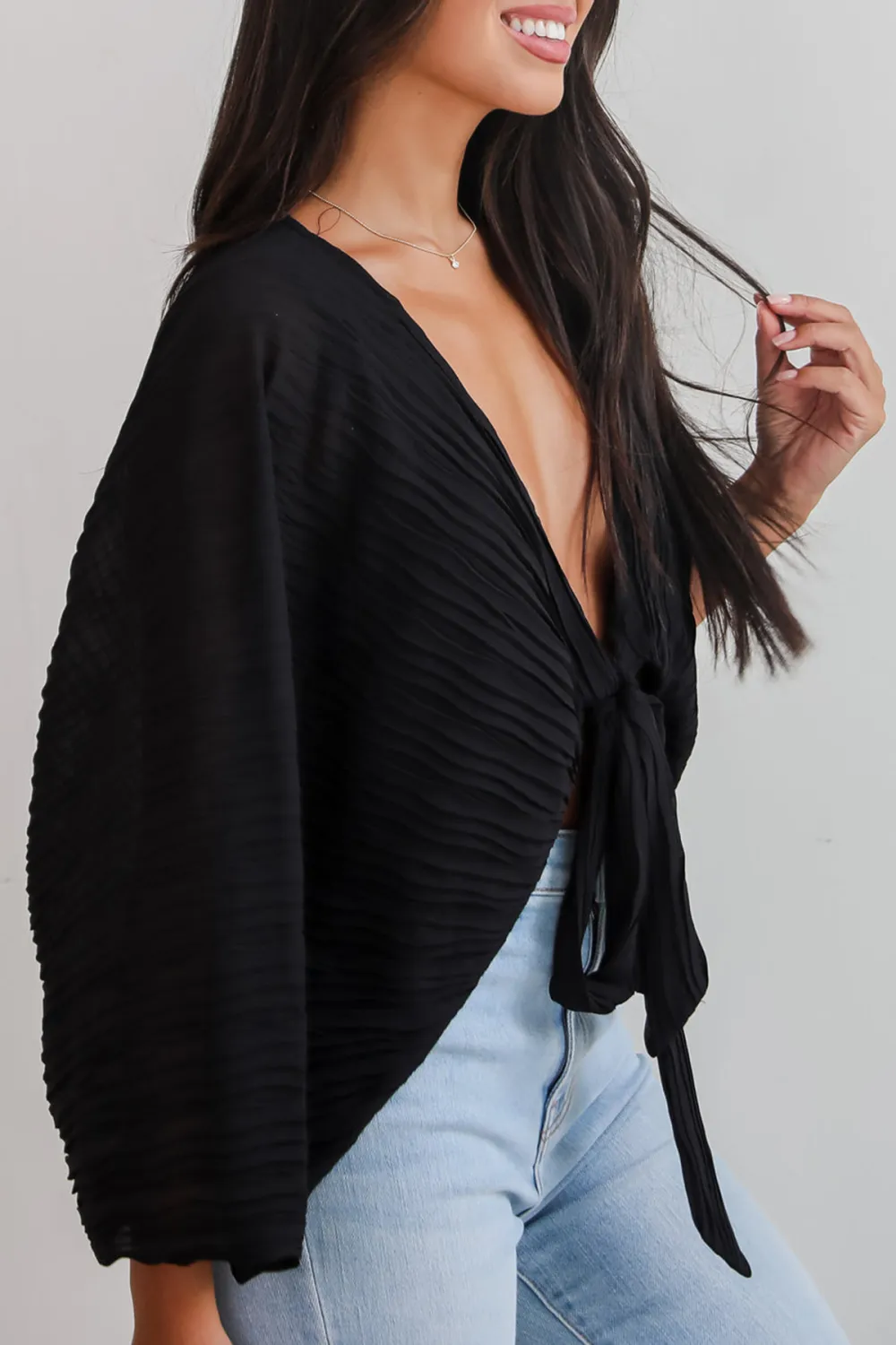 Sophisticated Step Black Pleated Tie-Front Blouse