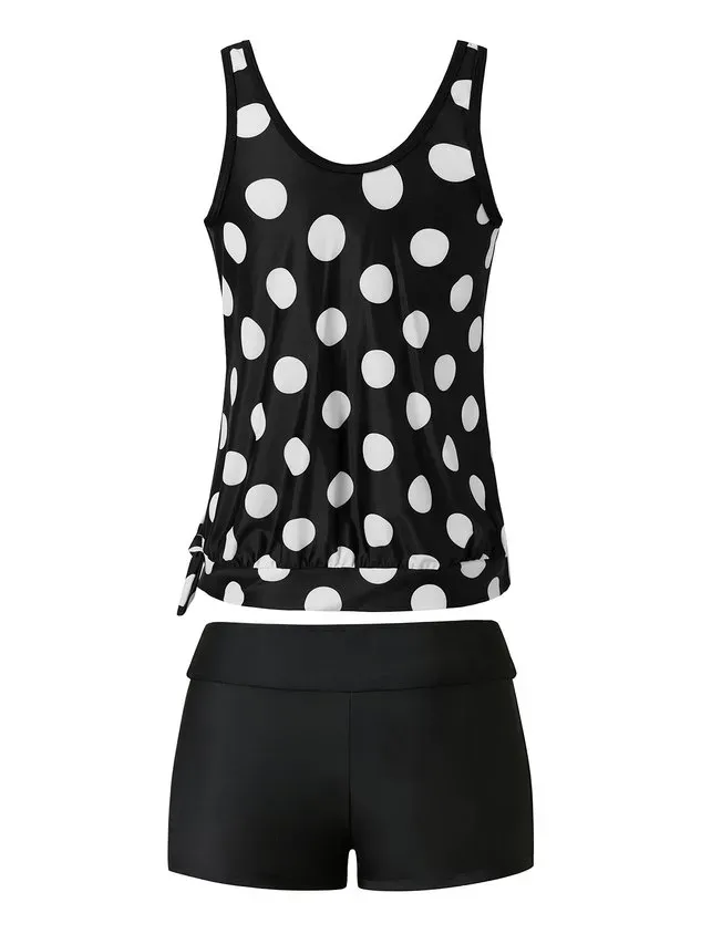 Casual Polka Dots Printing Scoop Neck Tankinis Two-Piece Set