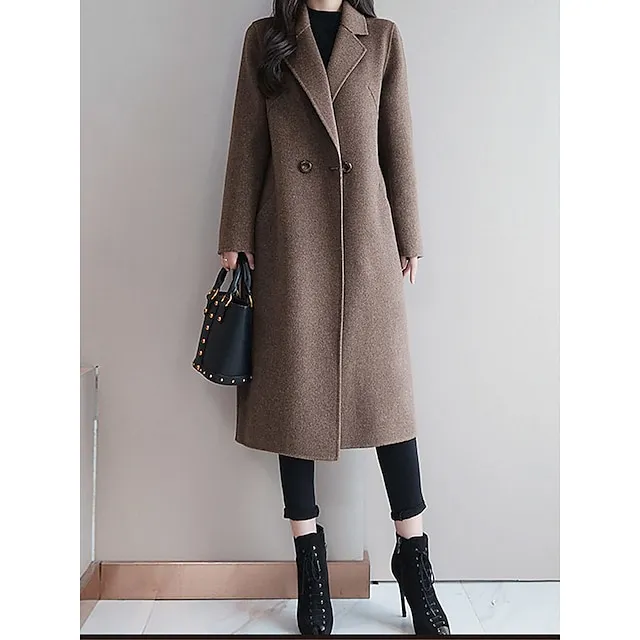 Women's Winter Coat Long Overcoat Double  Breasted Lapel Pea Coat Thermal Warm Windproof Trench Coat Stylish Contemporary Modern Jacket Long Sleeve with Pockets Black Yellow Red