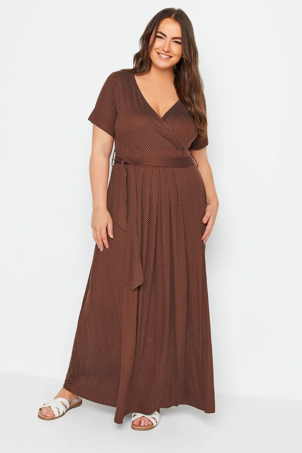 YOURS Curve Brown Dot Print Maxi Wrap Dress