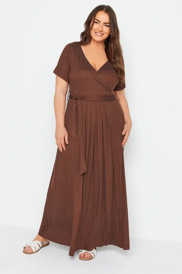 YOURS Curve Brown Dot Print Maxi Wrap Dress