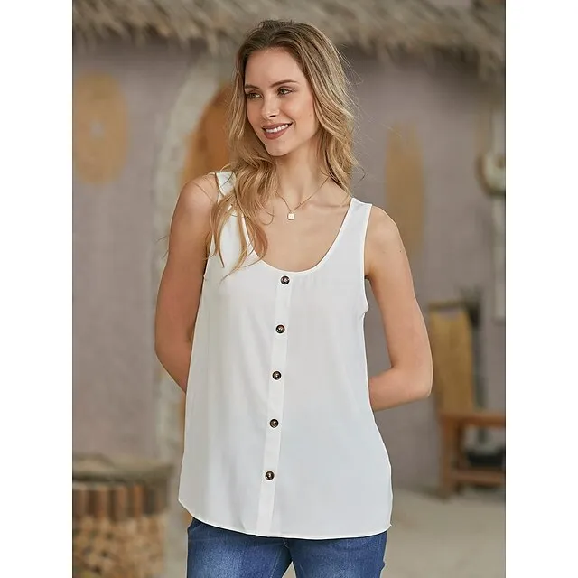 Women's ArmyGreen Black White Plain Sleeveless Daily Basic V Neck Regular S