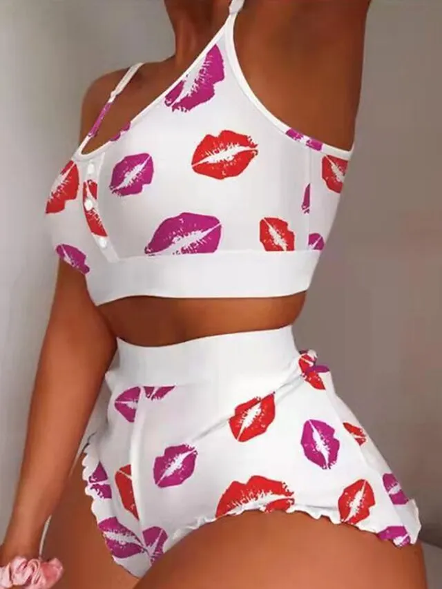 Women's Pajamas Sets Nighty Pjs 2 Pieces Fruit Lip Hot Soft Sweet Valentine's Day Gyms Polyester Crew Neck Crop Top Shorts Spring Summer Pink White / Sexy