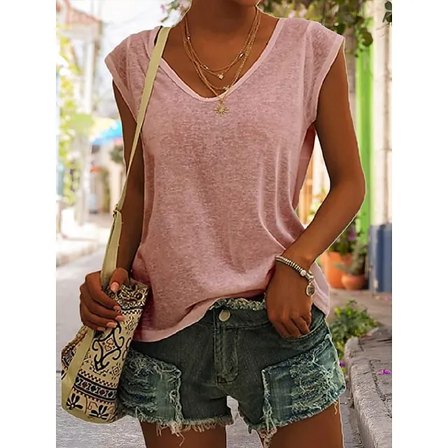Women‘s Blouse T shirt Tee Basic Plain Daily V Neck Sleeveless Regular Summer Green White Black Blue Pink