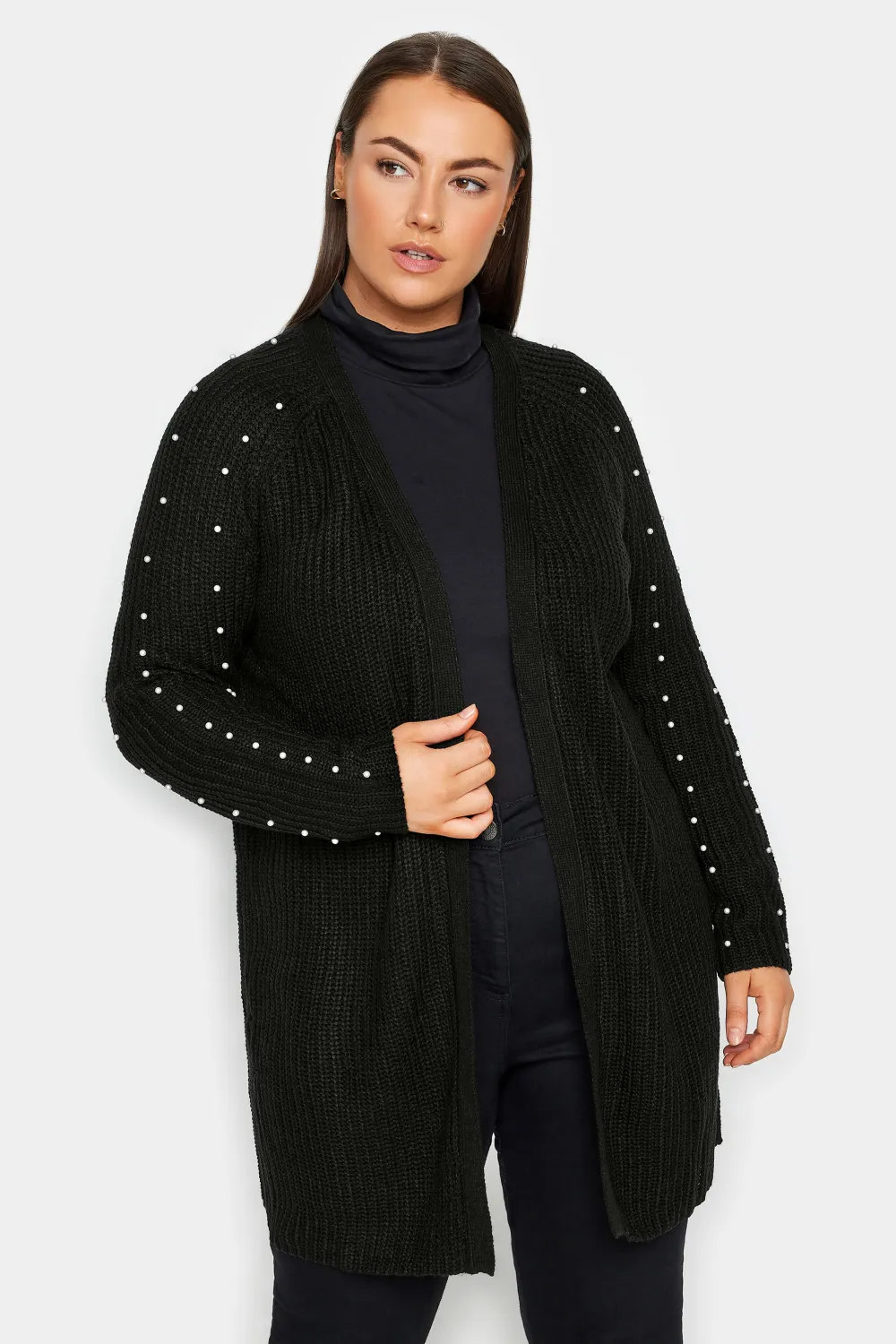 Evans Black Ribbed Knit Pearl Embellished Cardigan