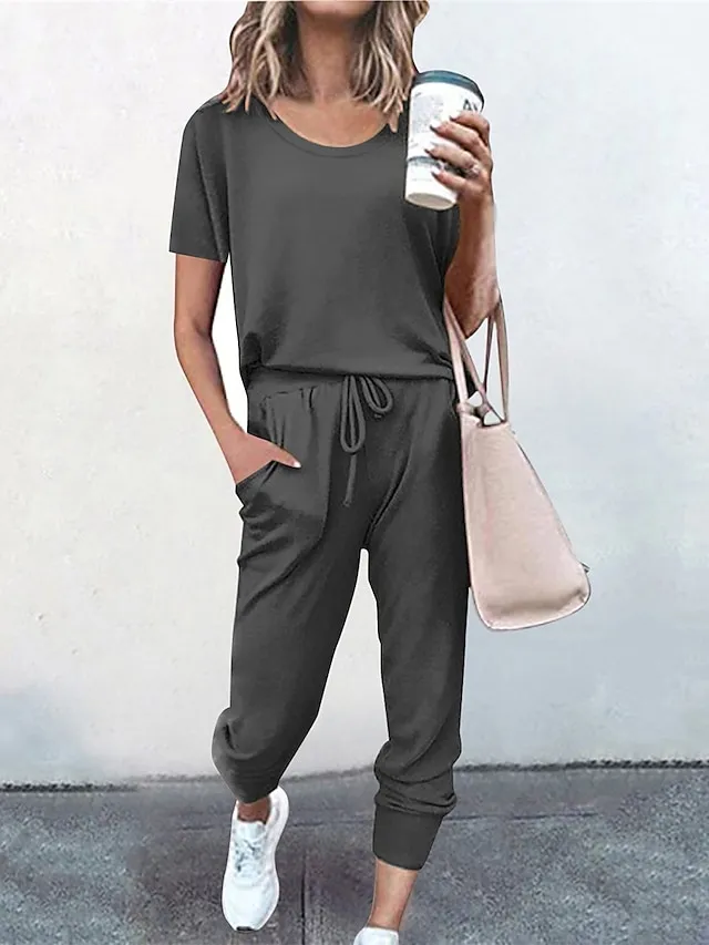 Women's Loungewear Sets Pure Color Fashion Casual Comfort Street Daily Date Polyester Breathable Crew Neck Short Sleeve T shirt Tee Pant Pocket Elastic Waist Summer Fall Black Pink