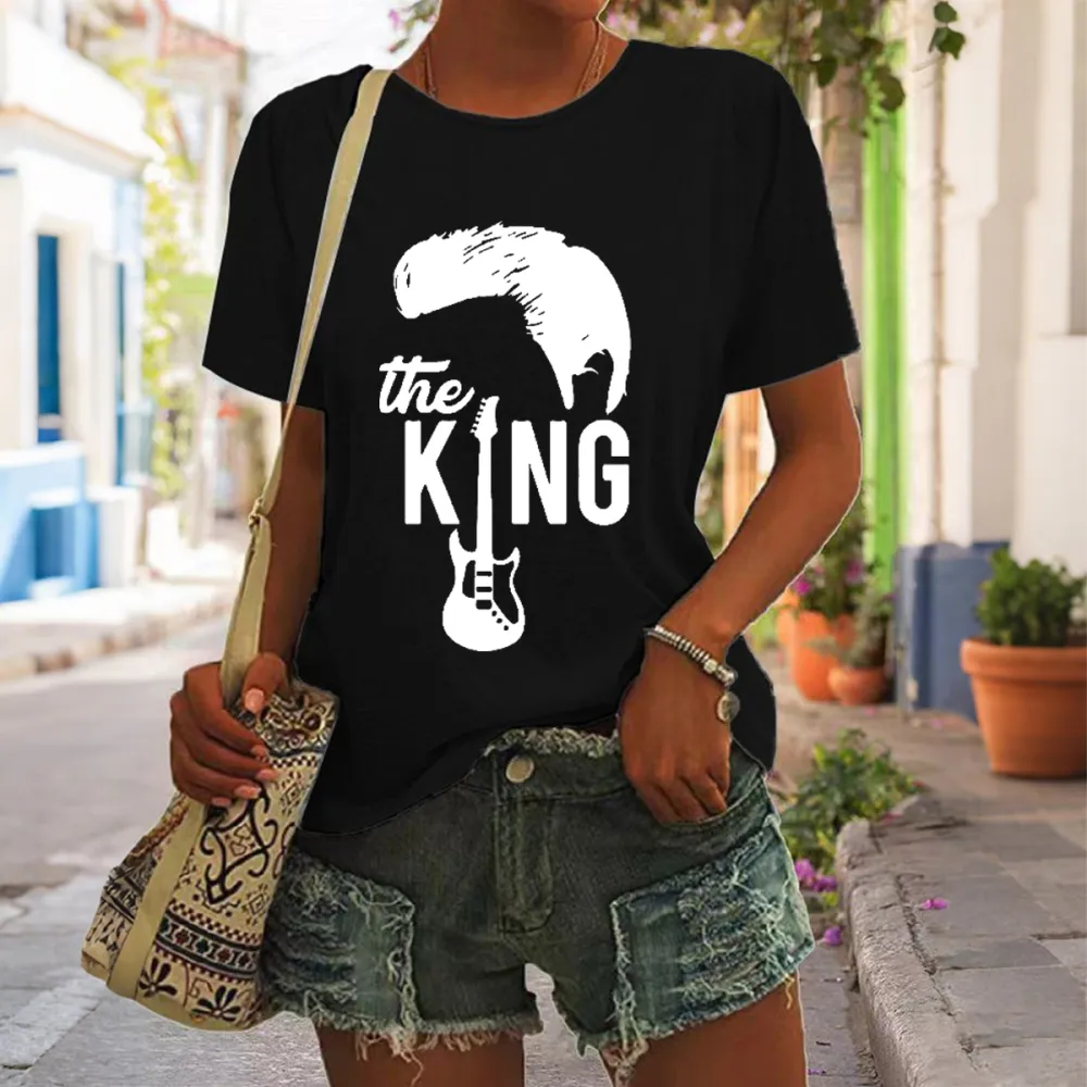 Women's The King Print Short Sleeve Round Neck Cotton T-Shirt