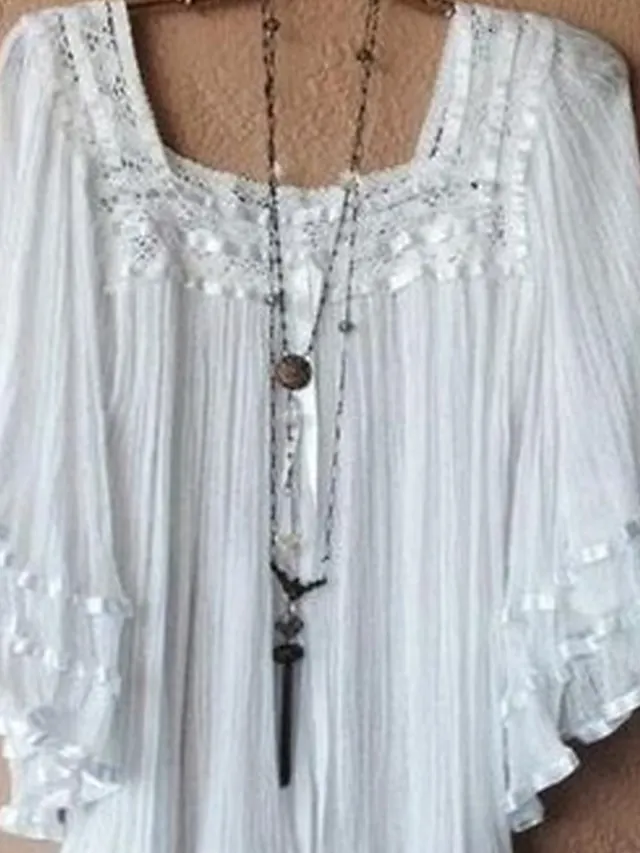 Women's Plus Size Shirt Blouse White Yellow Plain Lace Half Sleeve Daily Holiday Vacation Holiday Casual Square Neck Regular Fit Spring Fall