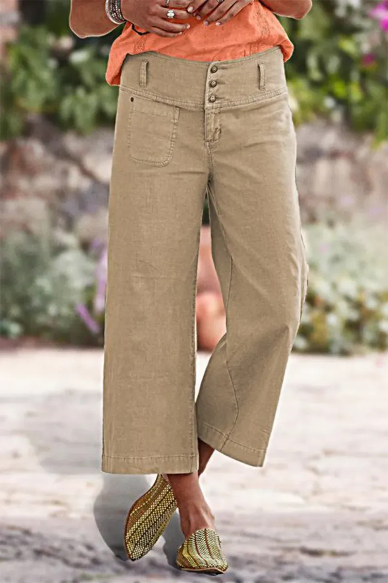 Solid Button Up Wide Leg Crop Jeans