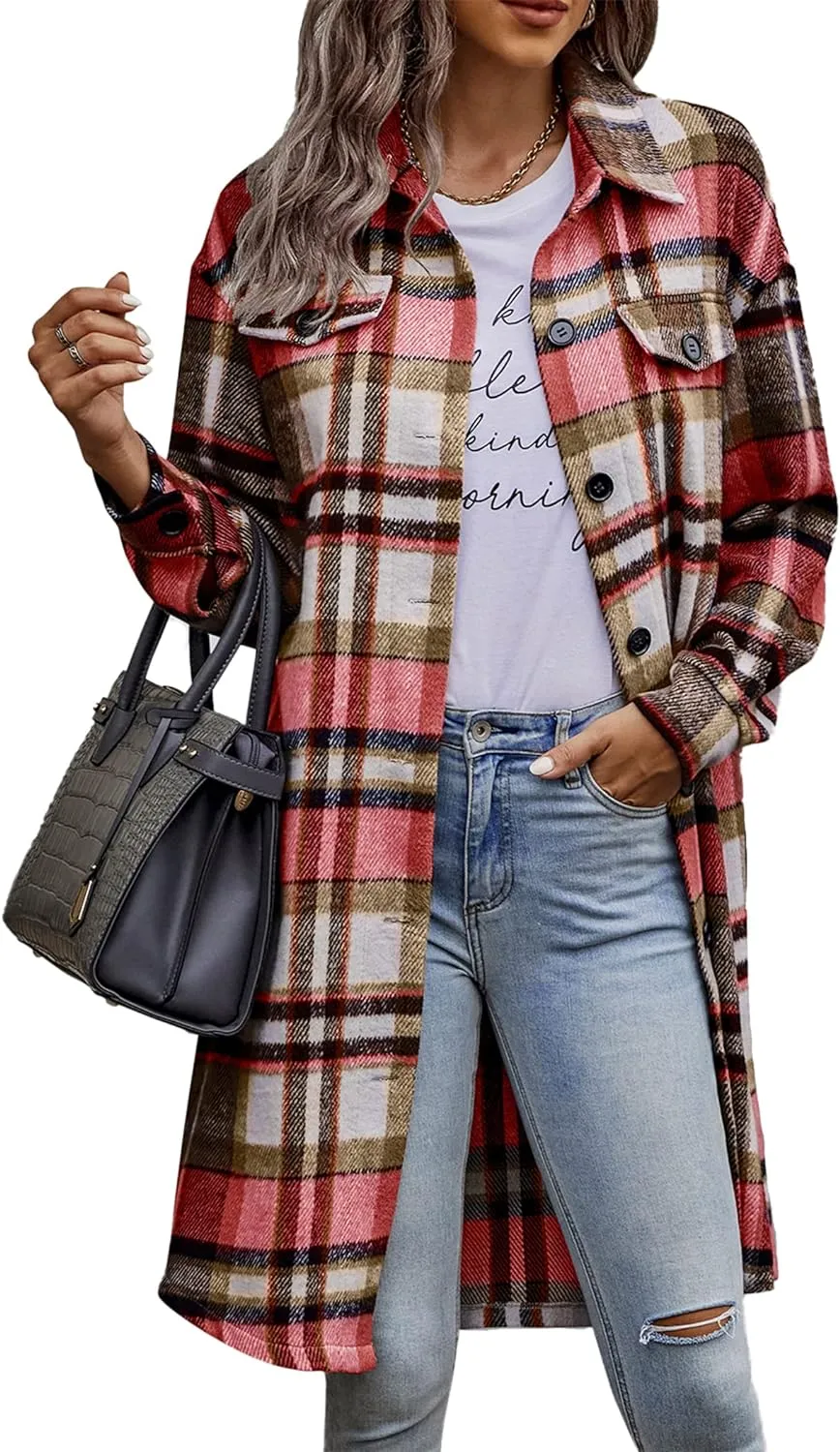 Women's Plaid Shacket 2023 Long Sleeve Button Up Flannel Shirt Winter Tartan Jacket Woolen Coats