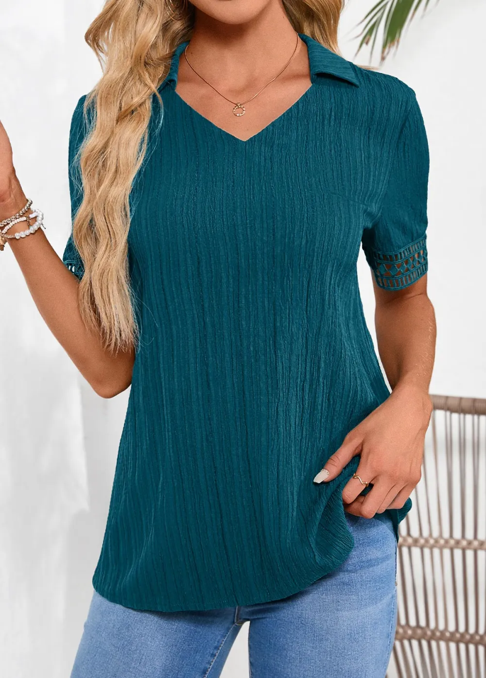 Peacock Blue Lace Short Sleeve Shirt Collar Blouse