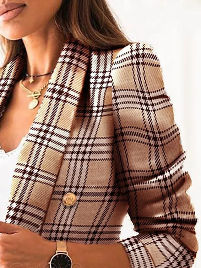 Women's Blazer Office Button Plaid Warm Fashion Regular Fit Outerwear Long Sleeve Winter Black S