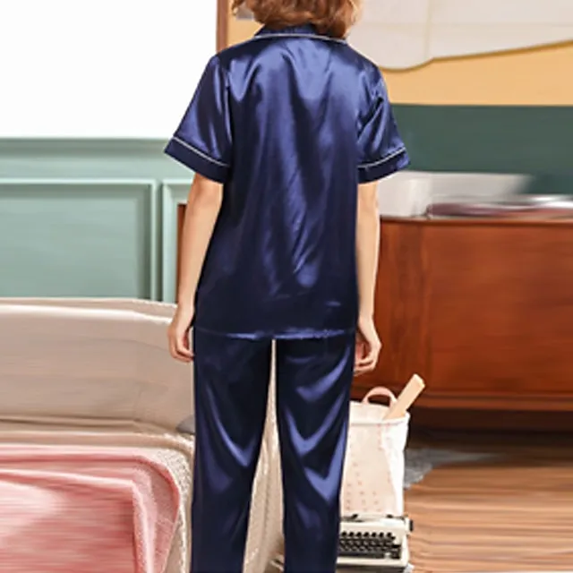 Women's Pajamas Pjs Sets 2 Pieces Pure Color Fashion Simple Comfort Home Xmas Christmas Daily Satin Lapel Short Sleeve Shirt Pant Elastic Waist Summer Spring Silver Black