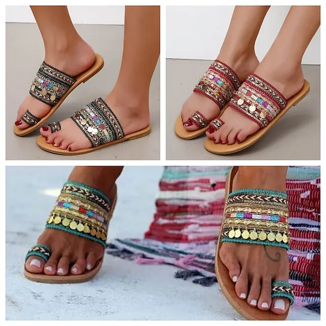Women's Sandals Boho Bohemia Beach Flat Sandals Outdoor Slippers Outdoor Daily Beach Summer Sequin Flat Heel Open Toe Vintage Casual Minimalism Polyester Loafer Striped Black Red Green