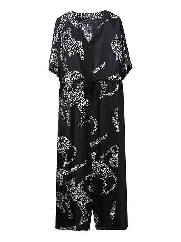 Vintage Original Floral Leopard Printed Split-Joint Tied V-Neck Half Sleeves Wide Leg Jumpsuits