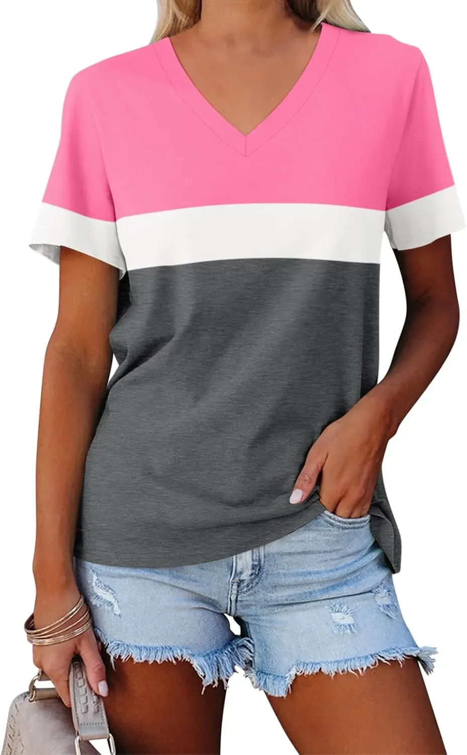 ORANDESIGNE Women's Color Block Short Sleeve T Shirts Casual V Neck Summer Tops Tees Loose Fit Blouses