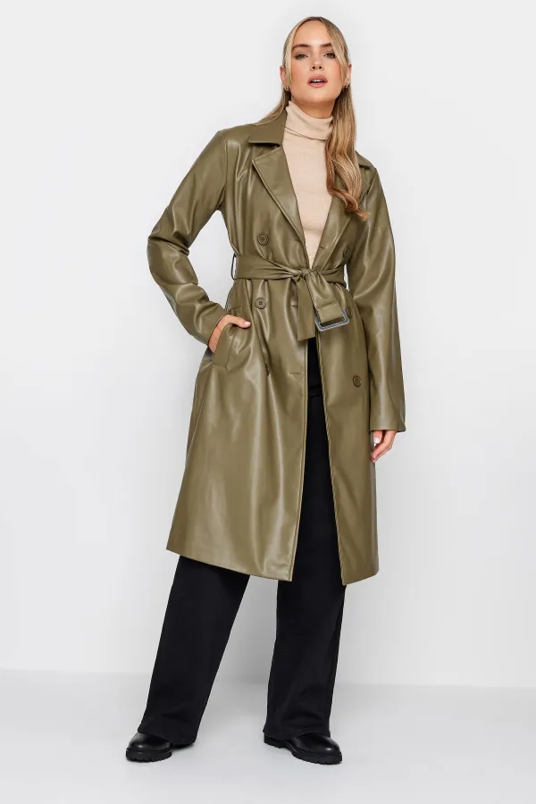 LTS Tall Olive Green Faux Leather Trench Coat