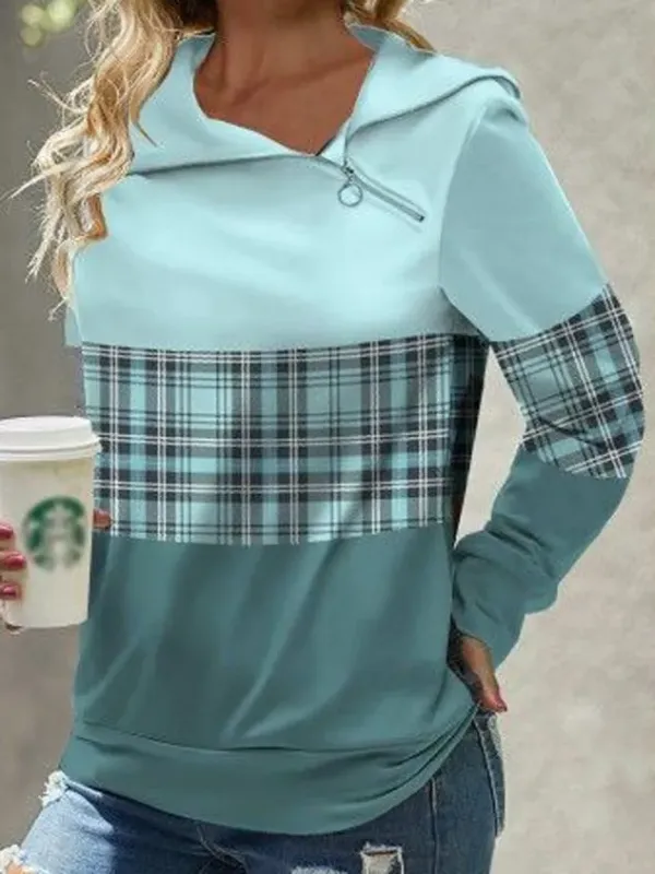 Casual Asymmetrical Collar Color Block Sweatshirt