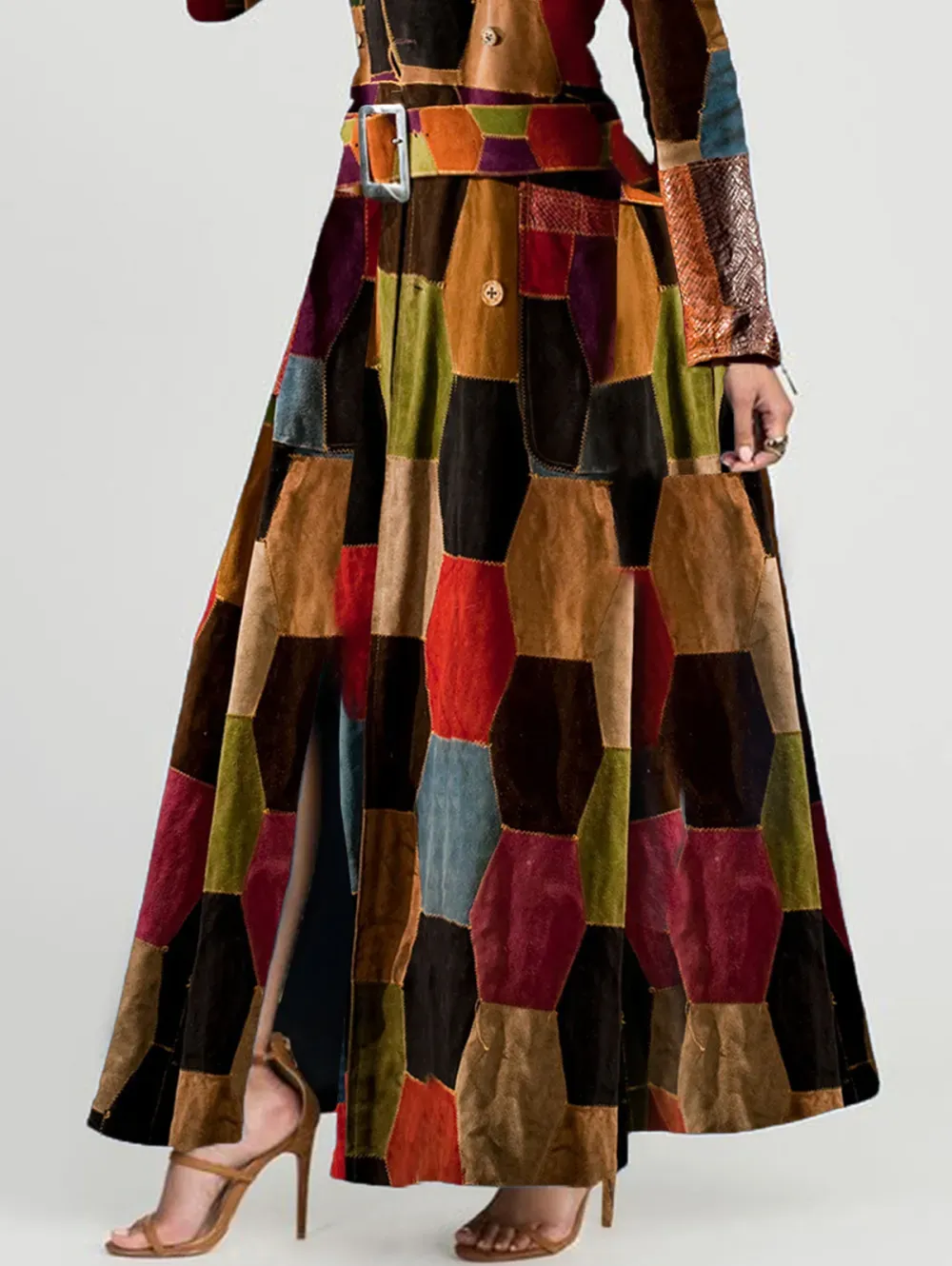 Ursime Fashion Allover Pentagon Pattern Notch Lapel Button Slit Maxi Dress