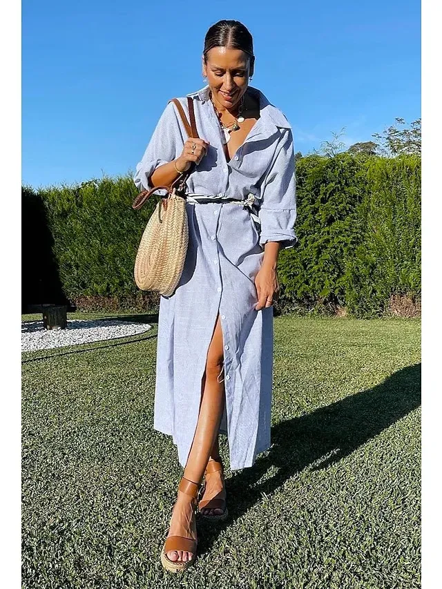 Women‘s Casual Dress Shirt Dress Cotton Dress Shift Dress Maxi long Dress Cotton Basic Casual Outdoor Winter Dress Daily Shirt Collar Button Split Long Sleeve Summer Winter Fall Spring 2023