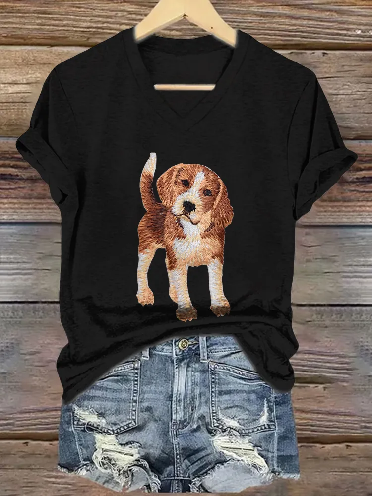 Woman's Puppy Print V-Neck And Short Sleeves T-Shirt