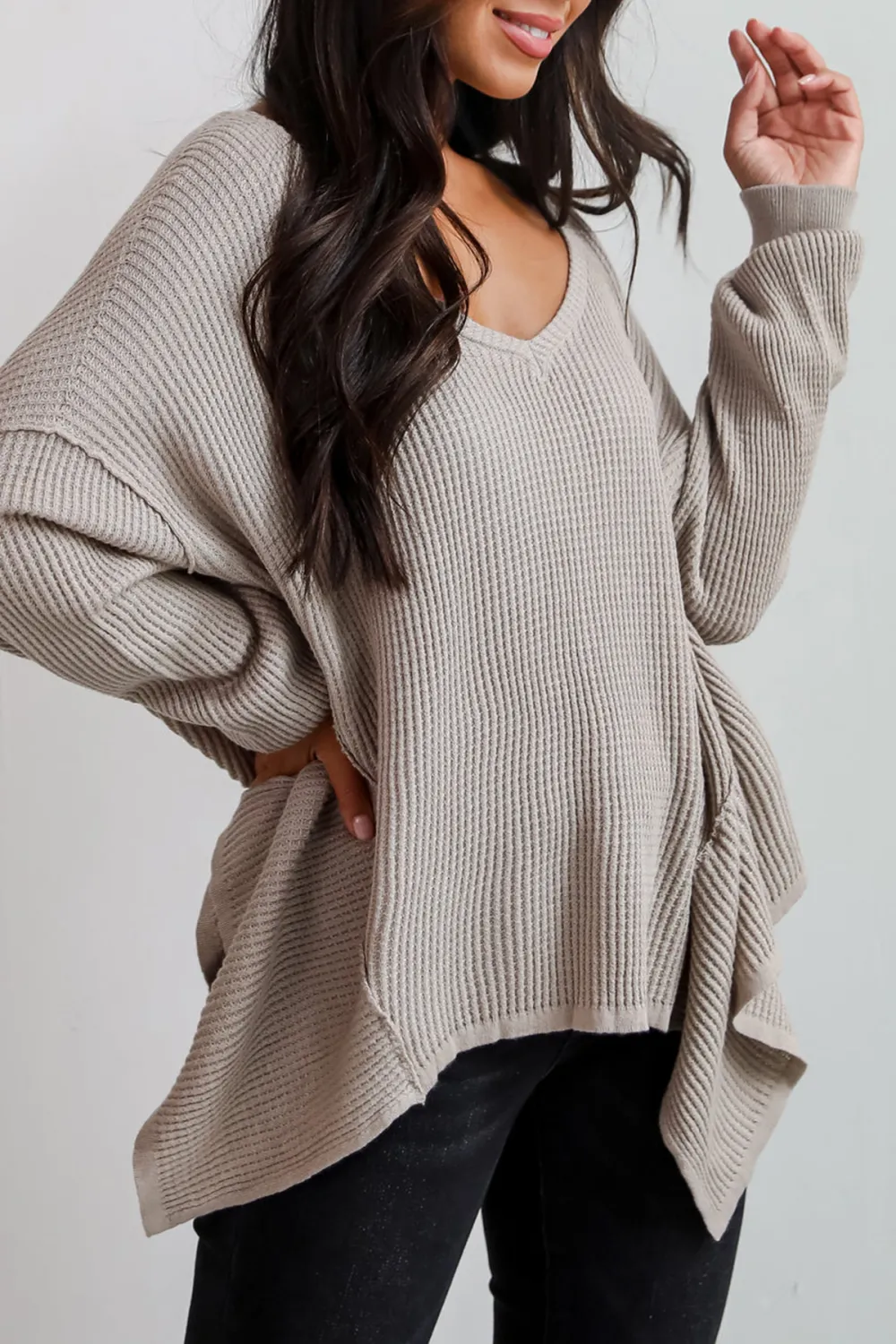 Sweetest Composure Taupe Oversized Waffle Knit Top