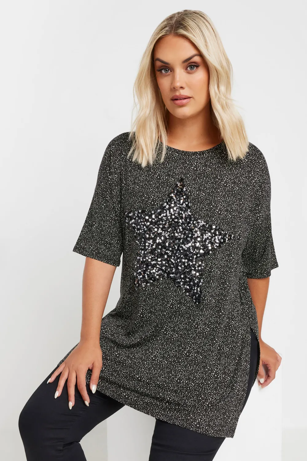 YOURS Curve Black Star Sequin Embellished T-Shirt