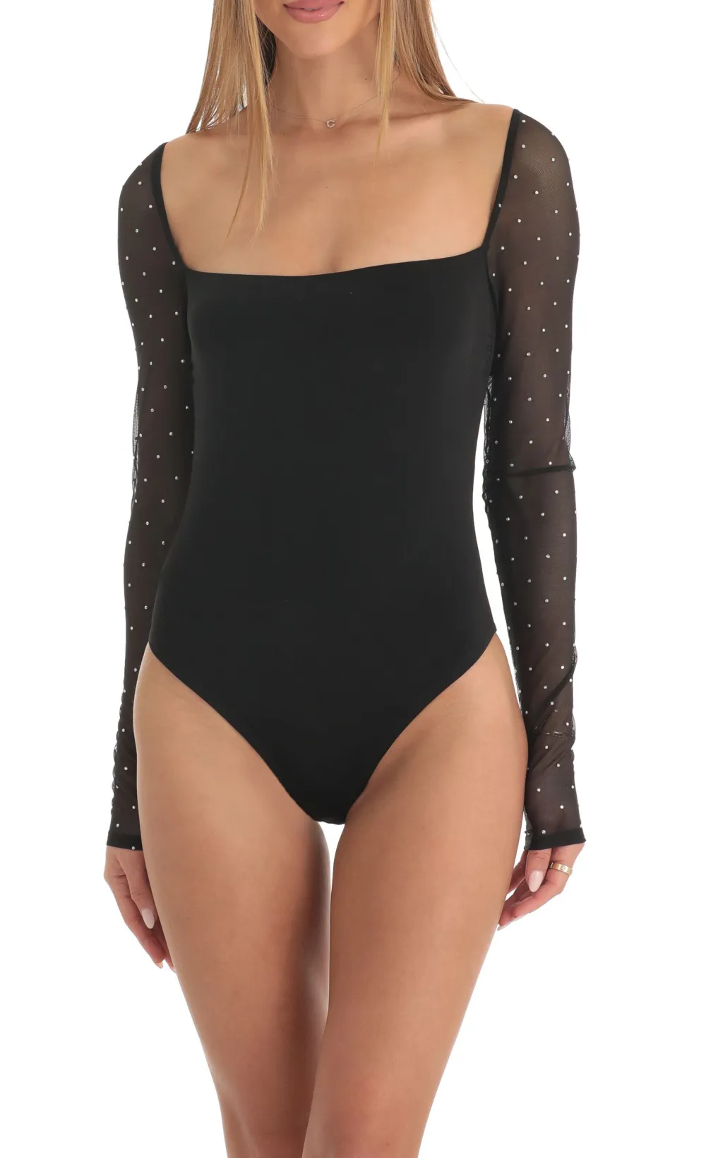 Diamond Glitter Square Neck Bodysuit in Black