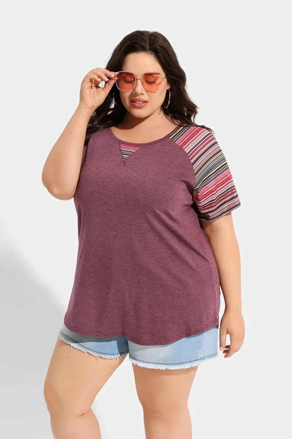 TIYOMI Plus Size T Shirt for Women Short Sleeve Tunic Cross Line Shirts Round Neck Tops Summer Blouse XL-5XL 14-28