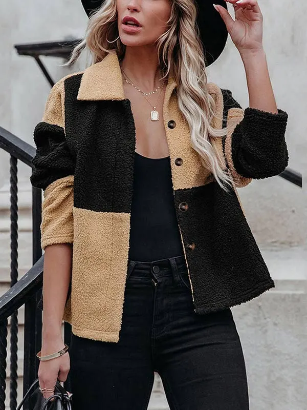 Lapel Contrast Panel Long Sleeve Fleece Jacket