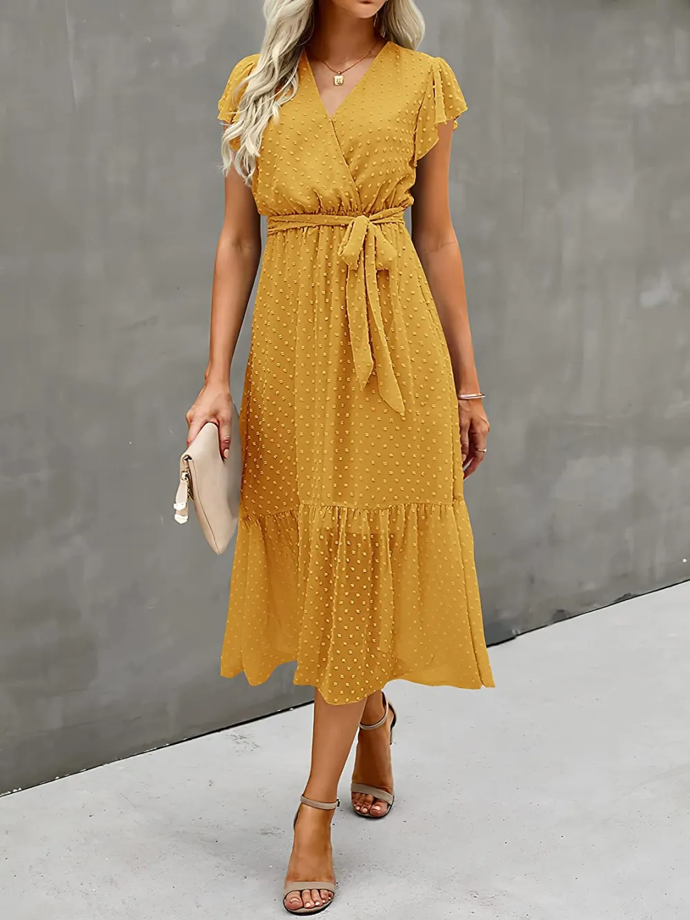 Women Summer Bohemian Floral Casual Wrap V Neck Ruffle Cap Sleeveless Belt A-Line Pleated Hem Swing Midi Sun Dress